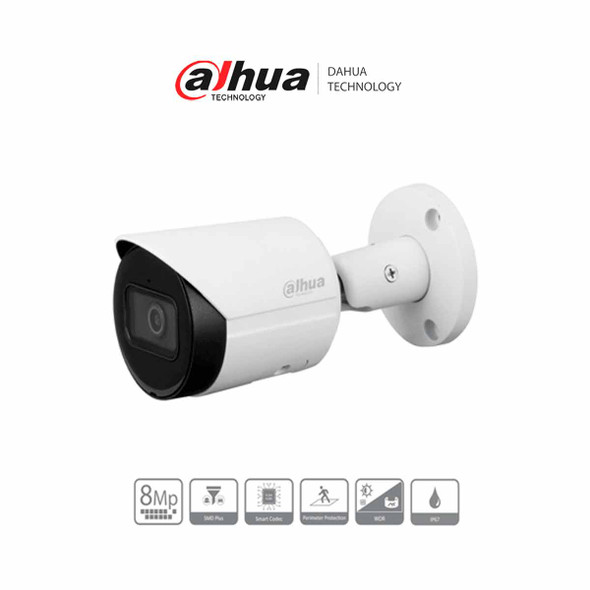 DAHUA DH-IPC-HFW2841S-S - Cámara IP Bullet 4k/ 8 Megapíxeles/ Lente de 2.8 mm/ 105 Grados de Apertura/ H.265+/ IR de 30 Mts/ Metálica/ WDR Real de 120 dB/ IP67/ Video analíticos con IVS/ Ranura para MicroSD/ PoE