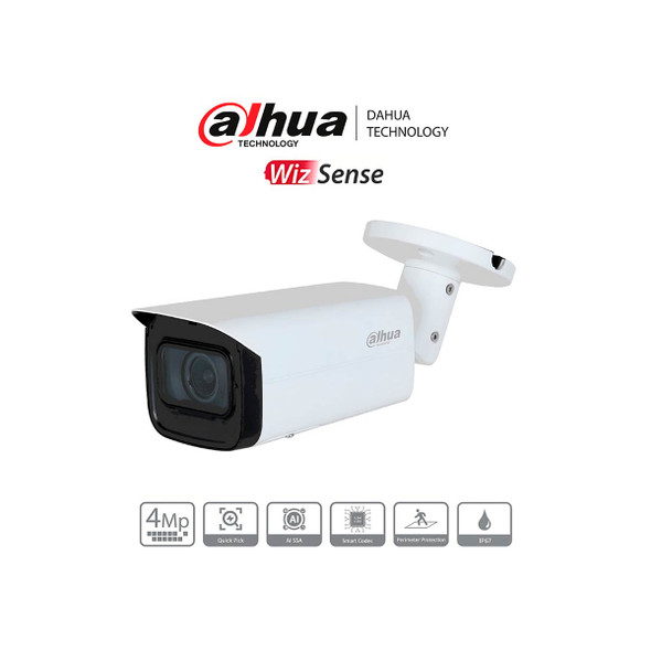 DAHUA DH-IPC-HFW3441T-ZS-S2- Cámara IP Bullet de 4 MP/ WizSense/ Lente Motorizado de 2.7 a 13.5mm/ IR de 60 Metros/ H.265+/ WDR Real/ Protección Perimetral/ IP67/ PoE/ SMD Plus