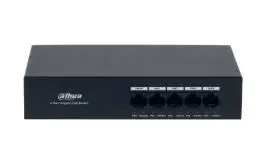 DAHUA DH-PFS3005-4GT-36 Switch con 4 puertos Gigabit PoE y 1 puerto Uplink RJ45 10/100/1000 Mbps. Ofrece protección contra descargas eléctricas, ideal para alimentar dispositivos IP. Incluye fuente de Poder