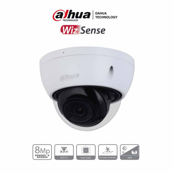 DAHUA IPC-HDBW2841E-S -Cámara IP Domo Antivandálica 4k/ 8 Megapíxeles/ Lente de 2.8mm/ 106 Grados de Apertura/ H.265+/ WDR Real de 120 dB/ IR de 30 Mts/ Video analíticos con IVS/ IP67/ IK10/ PoE/ Ranura para MicroSD/