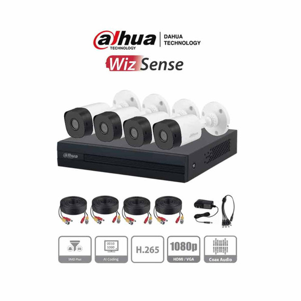DAHUA KITXVR1B04-I1MP - Kit de 4 Canales de 1 Megapixel/ DVR Cooper-I WizSense/ Con IA