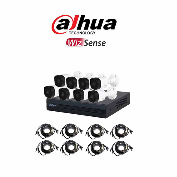DAHUA KITXVR1B08- I+8-B2A21- Kit de 8 Canales, DVR Cooper-I WizSense con IA y H.265+, 8 cámaras B2A21 de 1080p metálicas, soporte para hasta 10 canales IP, 4 canales con SMD Plus para detección de humanos y vehículos.