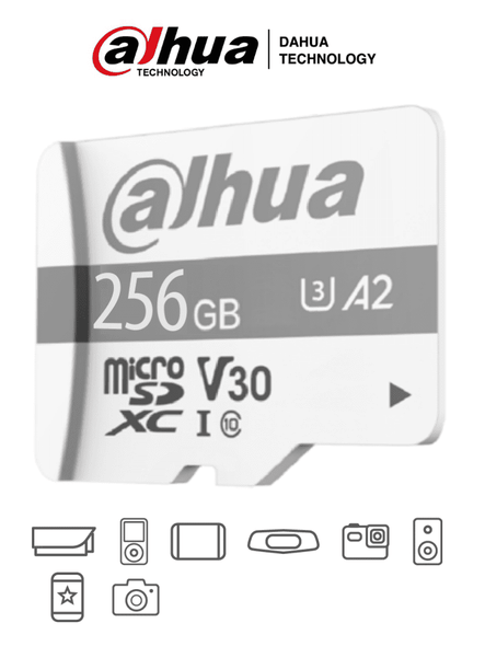 DAHUA TF-P100/256G - Dahua Memoria Micro SD de 256 GB UHS-I/ C10/U3/V30/A2/ Velocidad  de Lectura 100 MB/s/ Velocidad de Escritura de 80 MB/s/ Especializada para Videovigilancia