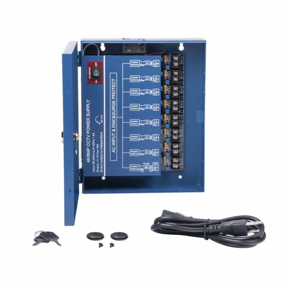 EPCOM XP8-DC-16-4KV Fuente de Poder Profesional HEAVY DUTY @ 16 Amp / 8 CH / Hasta 2A por Salida / Ajuste independiente de 11 a 15 Vcc por Salida / Protección Contra Sobrecargas / Filtro de Ruido Especial para Cámaras 4K.