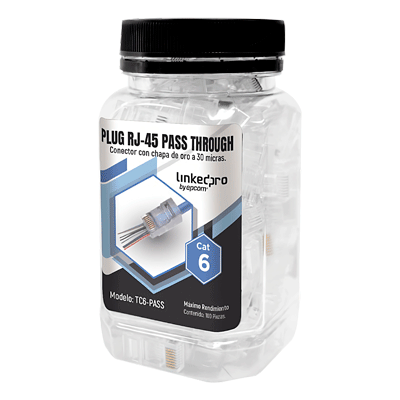 LINKEDPRO TC6-PASS BOTE CON 100 PLUGS PASS THROUGH RJ45 Cat6 sin blindaje, chapado de oro a 30 micras para durabilidad extrema.