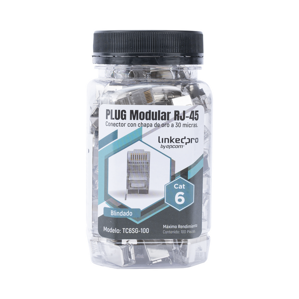 LINKEDPRO TC6SG100 BOTE CON 100PZS DE PLUG MODULAR RJ45 Cat6 blindado con pin de tierra, chapado de oro a 30 micras para durabilidad extrema.
