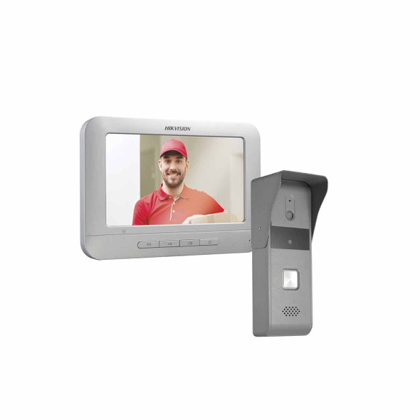 HIKVISION DS-KIS203-T Kit de Videoportero Analógico con Pantalla LCD a Color de 7" / Frente de Calle para Exterior IP65 / Salida de Relevador, Pantalla a color de 7' con resolución 800x400, Cámara pinhole 720x576 @ 30 fps, ángulo 98°.