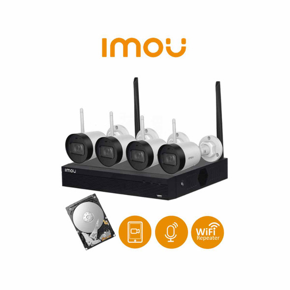 IMOU KIT/NVR1104HS-W/4-G22 - Kit de 4 Camaras Inalámbricas de 2 Megapixeles/ WiFi/ Disco Duro de 1 TB Incluido/ H.265+/ NVR con Antena Dual Mimo 2x2/ Microfono Integrado/ IR de 30 Mts/ Ranura MicroSD/ Uso Exterio