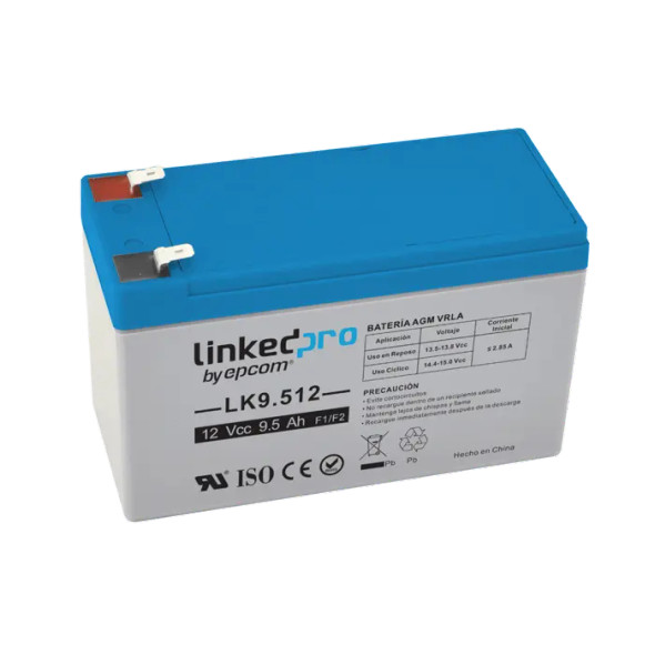 LINKEDPRO LK9.512 Batería 12 V / 9.5 Ah / UL / Tecnología AGM / Vida útil promedio 5 años / Para uso en equipo electrónico, Alarmas de Intrusión / Incendio/ Control de acceso / Video Vigilancia / Terminales F1.Incluye adaptador F.