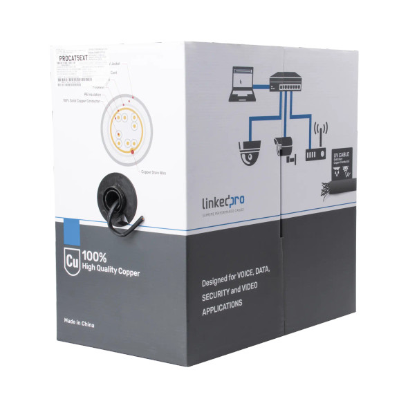 LINKEDPRO PRO-CAT-5-EXT Bobina de cable de 305 m, Cat5e , FTP, blindado, color negro, UL, para aplicaciones en video vigilancia, redes de datos. Uso en Intemperie