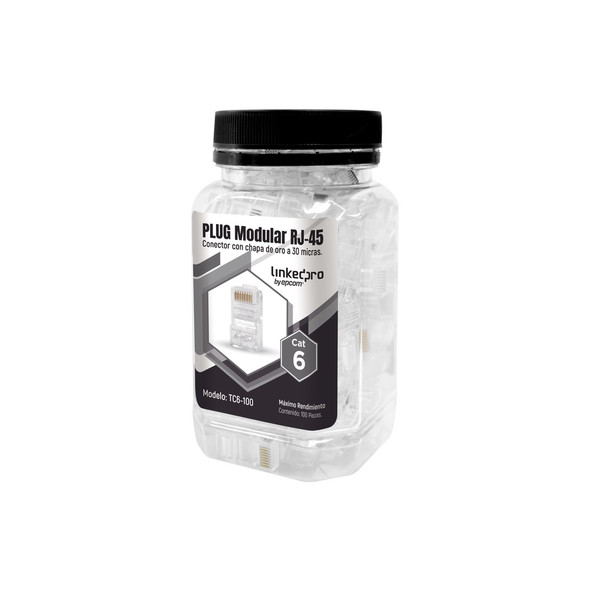 LINKEDPRO TC6-100 BOTE CON 100 PIEZAS DE PLUG MODULAR RJ45 Cat6 SIN BLINDAJE, chapado de oro a 30 micras para durabilidad extrema.