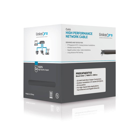 PRO-CAT-6-EXT-V2 Bobina de 305 Metros Cat6+ CALIBRE 23 Exterior Blindado tipo FTP para CLIMAS EXTREMOS, UL, color Negro (Carrete Easy Pull) PRO-CAT-6-EXT-V2 Bobina de 305 Metros Cat6+ CALIBRE 23 Exterior Blindado tipo FTP para CLIMAS EXTREMOS, UL, color Negro (Carrete Easy Pull)