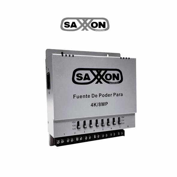 SAXXON ENERGIA PSU1208A-4K - Fuente de poder Regulable Metálica/ Conexión de Hasta 8 Canales/ Voltaje de Ajuste 12V 13V o 15V cc/ Salida de Hasta 8 Amp en los 8 Canales Máximo 1 Amp por canal/ Instalación en Pared 