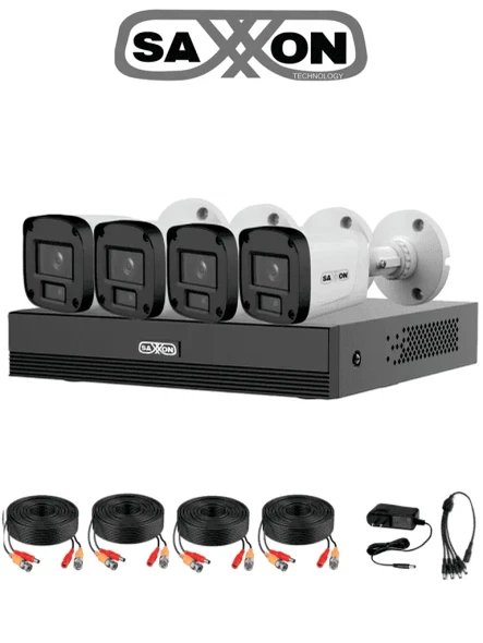 SAXXON SUA-KIT/XVR1E04-I/4-B20M-0280B-Kit de 4 Canales HDCVI 1080P/4 Cámaras B20M de 2.8mm con Campo de Visión de Hasta 100°/Grabador Soporta Hasta 5 Canales IP yDetección de Movimiento Inteligente/Cámaras Fabricadas en Metal deAlta Duración
