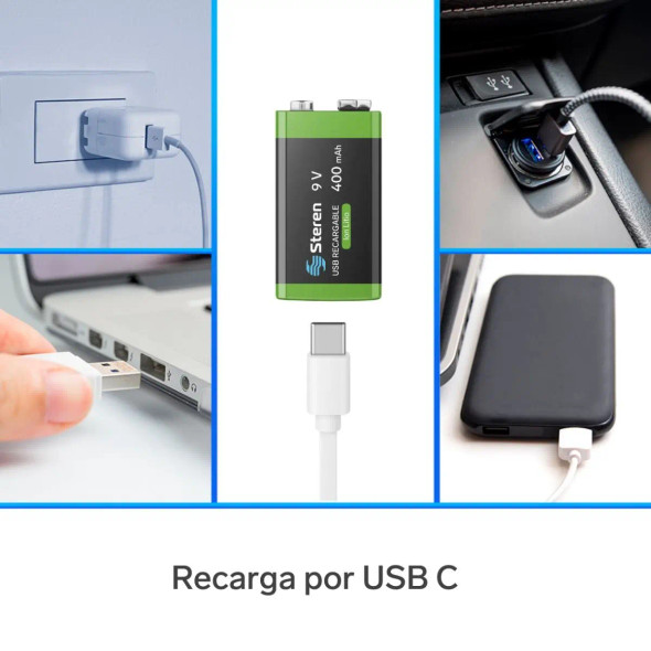 STEREN BAT-LI-9V USB Batería recargable USB Li-Ion tipo 9V (cuadrada)/ Capacidad nominal: 3600 mWh (400 mAh)/ Recarga por USB C/ Libre de mercurio y cadmio/ Dimensiones: 4.8 cm x 2.6 cm x 1.7 cm