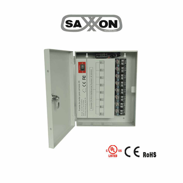 SAXXON PSU1213D8H- Fuente de Poder Profesional de 11 a 15 vcd/ 13 Amperes/ Para 8 Cámaras Hasta 4k/ 1.6 Amperes por Canal/ Protección contra Sobrecargas/ Filtro de Ruido por Canal/ Uso rudo/