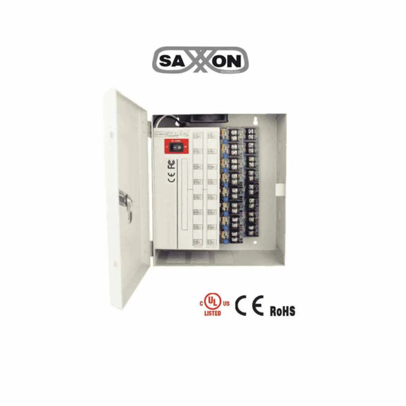 SAXXON PSU1220D16H- Fuente de Poder Profesional de 11 a 15 vcd/ 20 Amperes/ Para 16 Camaras Hasta 4k/ 1.25 Amperes por Canal/ Protección contra Sobrecargas.