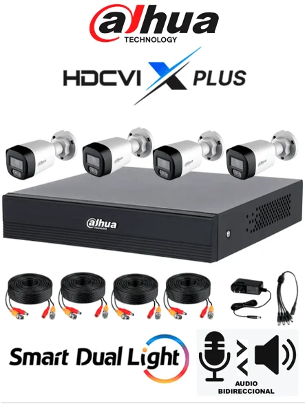 DAHUA DH-KIT/XVR1B04-I/T/4-HAC-HFW1200RLN-IL-T - Kit 4 Canales 2 MP con Audio Bidireccional y DVR Cooper-I WizSense. Incluye 4 cámaras Iluminador dual 2 MP con micrófono integrado. 4 canales más 1 IP y 4 SMD Plus. Incluye accesorios