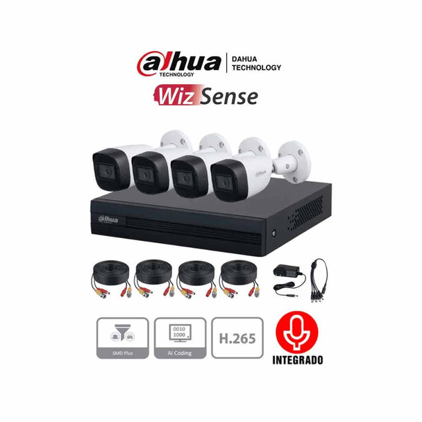 DAHUA KITXVR1B04-I+HFW1200CMA -Kit de 4 canales con cámaras de 2MP y audio. Incluye DVR Cooper-I WizSense con IA y H.265+, 4 cámaras metálicas con micrófono integrado.