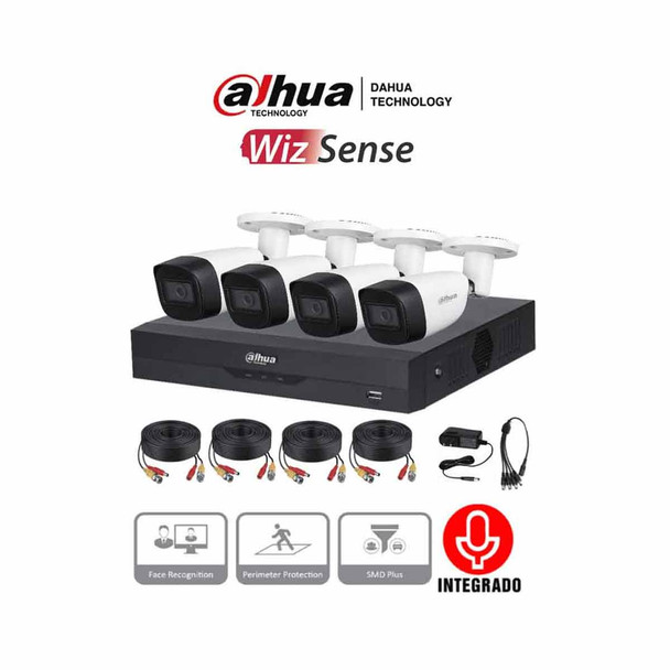 DAHUA KITXVR5104HS4KLI3 + 4HFW1500CMA -  Kit de vigilancia de 4 canales 5 MP con audio y DVR WizSense con reconocimiento facial y H.265+. Soporta 4 canales + 4 IP o hasta 8 IP.