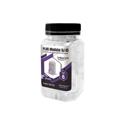 LINKEDPRO TC6S-100 BOTE CON 100 PIEZAS DE PLUG MODULAR RJ45 Cat6 BLINDADO,  chapado de oro a 30 micras para durabilidad extrema SIN PIN DE TIERRA.