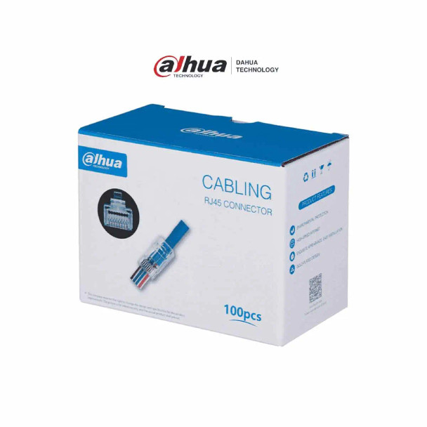 DAHUA PFM976-531-PT - Caja con 100 Plugs Pass through RJ45 Cat5e/ Chapado de Oro de 15 U"/ Clasificación de Resistencia al Fuego UL94V-2 