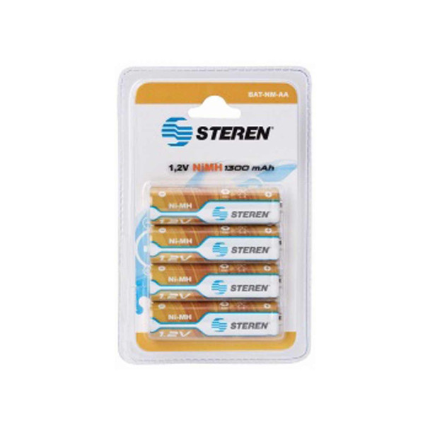 Steren Pilas Recargables AA, 1.2V, 4 pilas o baterías recargables “AA” son de 1.2 Volts y 1300 mAh, su composición química es de Níquel-Metal (NiMH), por lo que no sufren el llamado “efecto memoria”.