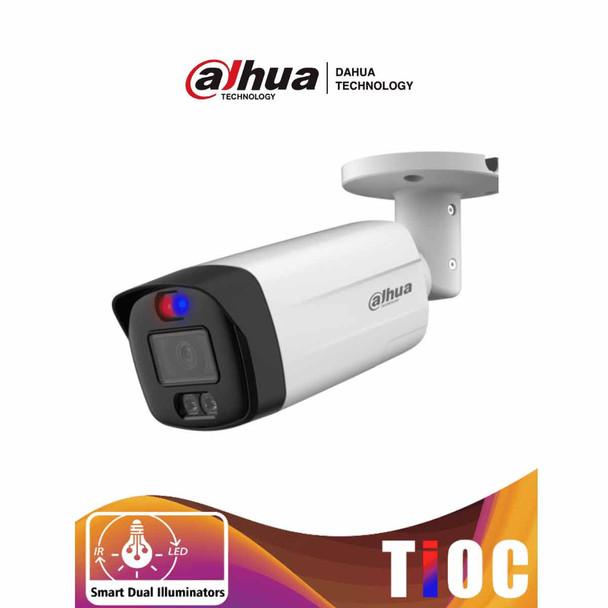 DAHUA HAC-ME1509THN-A-PV-S2 - Camara Bullet TioC de 5 Megapixeles/ Iluminador Dual Inteligente+Disuasión Activa con Luz Roja y Azul/ Lente de 2.8mm/ 111 Grados/ 40 IR y Visible/ Micrófono Integrado.