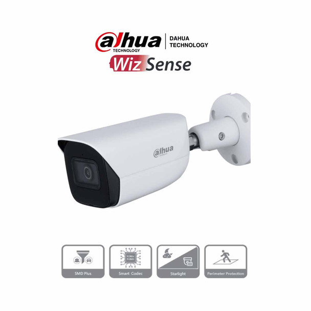 DAHUA IPC-HFW3241E-SA - Camara IP Bullet con Inteligencia Artificial/ 2 Megapixeles/ Lente de 2.8mm/ 106 Grados de Apertura/ Microfono Integrado/ Wizsense/ WDR de 120 dB/ IR de 50 Mts/ SMD Plus/ IP67/ Ranura para MicroSD/ Protección Perimetral