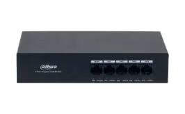 DAHUA DH-PFS3005-4GT-36 Switch con 4 puertos Gigabit PoE y 1 puerto Uplink RJ45 10/100/1000 Mbps. Ofrece protección contra descargas eléctricas, ideal para alimentar dispositivos IP. Incluye fuente de Poder