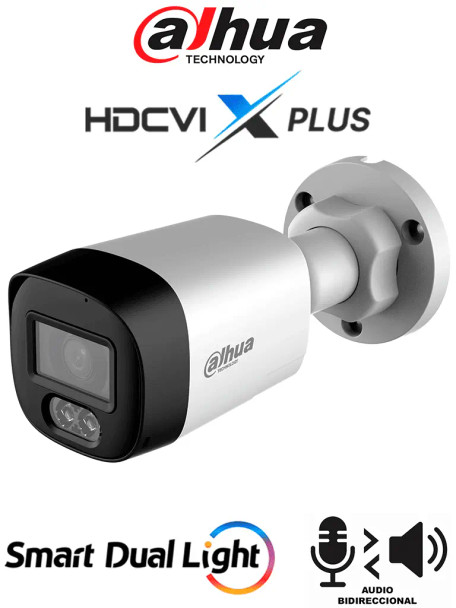 DAHUA DH-HAC-HFW1500RLN-IL-T - Cámara Bala Full Color de 5 Megapixeles/ Audio 2 vías/ Iluminador Dual Inteligente Mediante IR y Luz Calida/ Leds para 20 Metros/ DNR Para Reducción de Ruido en Imagen/ WDR de 120 dB/ Lente de 2.8 mm/ Policarbonato
