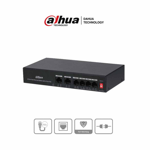 DAHUA PFS3006-4ET-36 - Switch PoE de 6 Puertos Fast Ethernet/4 Puertos PoE 10/100/ 2 Puertos uplink 10/100/ 36 Watts Totales/ Switching 1.2 Gbps