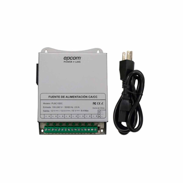EPCOM PL-8C-15DC Fuente de Poder Metálica / Para 8 Cámaras / Ajustables a 12 o 13.5 o 15 Vcc / 8 Amperes / Instalación en Pared o Riel Din 