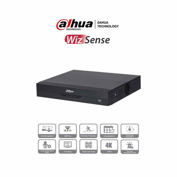 DAHUA XVR5104HS-4KL-I3 - DVR 4k de 4 Canales y 4 IP o hasta 8 IP. Equipado con WizSense, codificación H.265+, un canal para reconocimiento facial, protección perimetral y SDM Plus. Bahía SATA para HDD de hasta 10TB.
