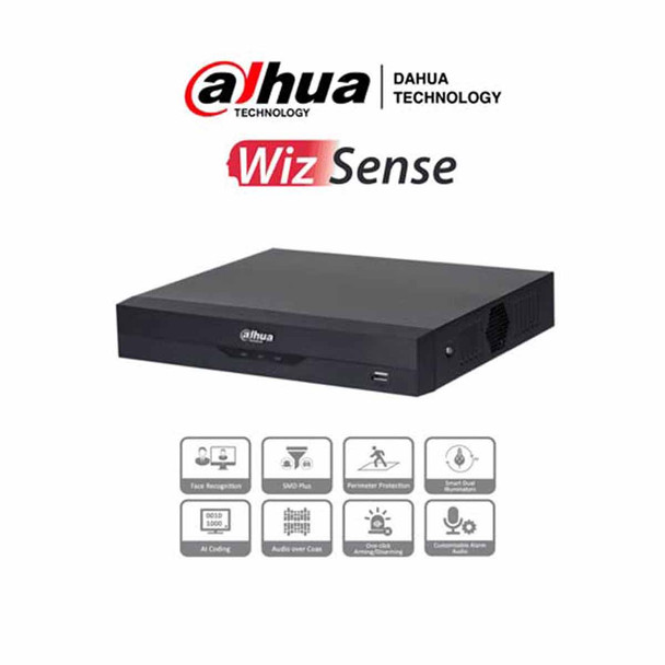 DAHUA XVR5104HS-I3 - DVR de 5MP Lite con WizSense. Soporta 4 canales + 2 IP o hasta 6 canales IP. Reconocimiento facial y protección perimetral en 1 canal, incluye SDM Plus, codificación H.265+, y funciones para IoT & POS. 1 puerto SATA