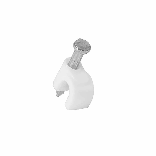 VOLTECK GCU-5B Bolsa con 20 grapas blancas de 5 mm para cable redondo,fabricadas en polietileno. Diseño curvo. Color blanco.Diámetro: 5 mm. Dimensiones de las uñas: 2.3 x 19 mm.
