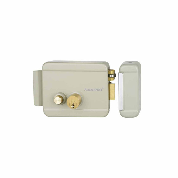 ACCESSPRO ACCESSRIMB Cerradura Eléctrica con Botón de Salida/ Incluye Llave / Exterior / Derecha,Cerradura con botón de salida, diseño ergonómico Voltaje de operación 12V AC a 2.5A Dimensiones compactas: 129 x 103 x 38 mm.