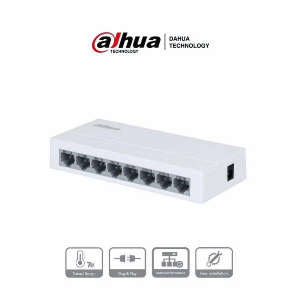 DAHUA PFS3008-8ET-L - Switch para Escritorio de 8 Puertos Fast Ethernet/ 10/100/ Diseño Compacto/ Capa 2/ switching 1.6 Gbps