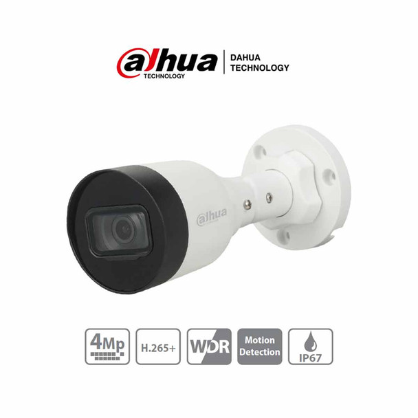 DAHUA IPC-HFW1431S1-S4 - Cámara IP Bullet de 4 Megapixeles con compresión H.265+, lente de 2.8 mm, ángulo de visión de 93°, IR de 30 m, 30 FPS, tecnología WDR, y certificación IP67 para resistencia al agua y polvo.