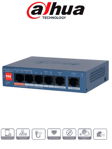 DAHUA DH-CS4006-4ET2GT-60 - Switch PoE de 6 Puertos Administrable/ 4 Puertos PoE Downlink 10 & 100/ 2 Puertos Uplink GE/ 60 Watts Totales/ Administrable en la Nube Dolink Care / PoE Hasta 250 Metros/ Carcasa Metalica/ Switching 4.8 Gbps
