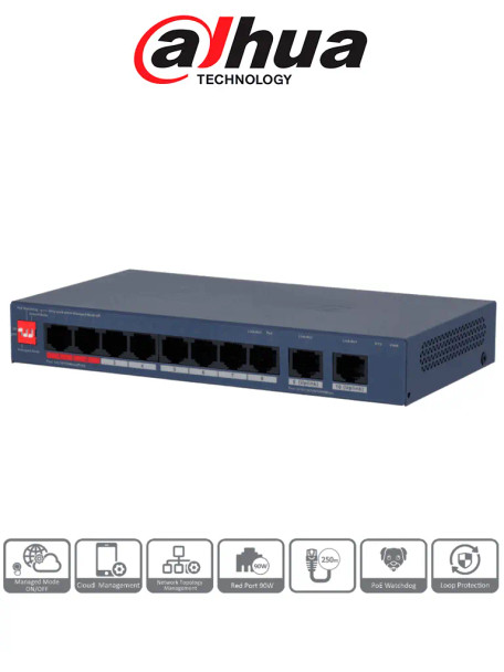 DAHUA DH-CS4010-8ET2GT-110 - Switch PoE de 10 Puertos/ 8 Puertos PoE 10 & 100/ 2 Puertos Uplink GE/ 2 Puertos PoE con Suministro de Hasta 90W/ 110 Watts Totales/ Administrable en la Nube por DoLynk Care/ PoE 250 Metros/ Metal/ Switching 5.6 Gbps