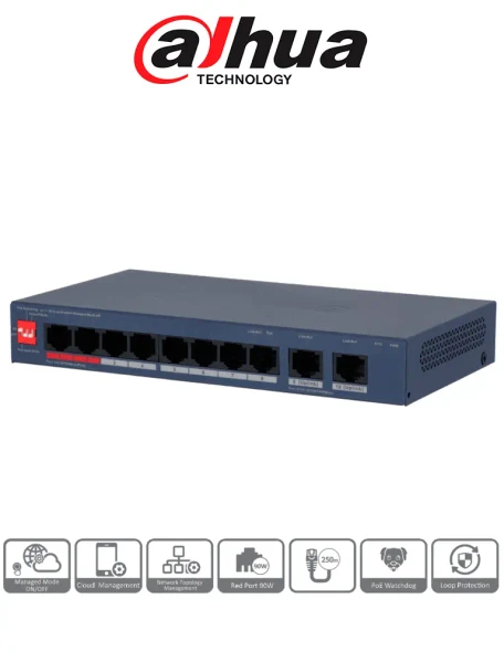 DAHUA DH-CS4010-8ET2GT-110 - Switch PoE de 10 Puertos/ 8 Puertos PoE 10 & 100/ 2 Puertos Uplink GE/ 2 Puertos PoE con Suministro de Hasta 90W/ 110 Watts Totales/ Administrable en la Nube por DoLynk Care/ PoE 250 Metros/ Metal/ Switching 5.6 Gbps