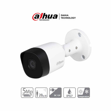DAHUA HAC-B2A51N-0280B-S2 - Cámara bullet de 5 MP con lente de 2.8 mm y ángulo de visión de 106°. Incorpora IR de 20 m para visión nocturna, resistente IP67, y materiales metálicos. Compatible con CVI, CVBS, AHD y TVI.