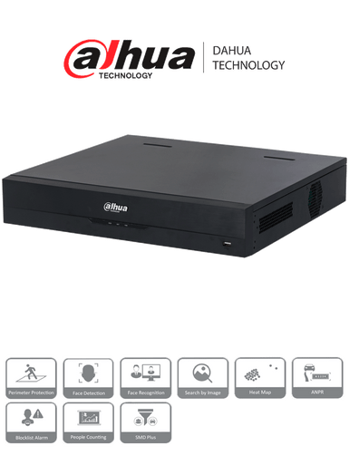 DAHUA DHI-NVR5416-16P-EI - NVR de 8 Megapixeles/ 16 Canales IP/ WizSense/ 16 Puertos Poe/ 8 con ePoE/ 4 Bahias para Discos Duros/ 2 Canales con Reconocimiento Facial/ SMD Plus/ Soporta Camaras con IA/ Protección Perimetral/ #LoNuevo