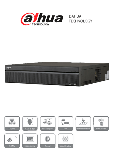 DAHUA DHI-NVR5832-16P-EI -NVR de 32 canales IP 4K con 16 puertos PoE y 8 puertos ePoE. Ofrece tecnología Acupick, detección y reconocimiento facial, SMD, 8 bahías para discos duros y admite RAID 0/1/5/6/10, con un ancho de banda de 384 Mbps.