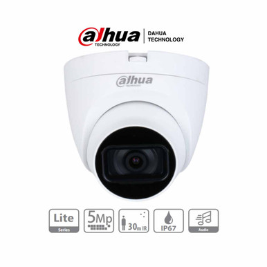 DAHUA HAC-HDW1500TLQN-A - Cámara Domo de 5 MP con micrófono integrado y lente de 2.8 mm. Ofrece iluminación IR hasta 30 metros, tecnología Starlight y es resistente al agua con clasificación IP67. Compatible con CVI, CVBS, AHD y TVI.