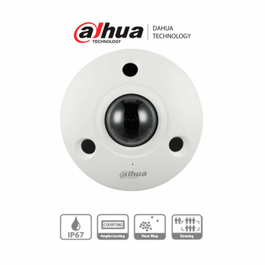 DAHUA IPC-EBW81242N - Cámara IP Fisheye 12 MP, lente 1.85 mm, visión 360°, IR 10 m. IA WizMind con conteo y análisis de personas, mapas de calor. PoE, DWDR, H.265, IP67, IK10. Incluye E/S de alarma y audio. Ideal para vigilancia integral y detallada.