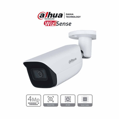 DAHUA IPC-HFW3441E-S-S2 - Camara IP Bullet de 4 Megapixeles con IA/ WizSense/ Lente de 2.8mm/ 107 Grados de Apertura/ Microfono Integrado/ IR de 50 Metros/ SMD 4.0/ Quick Pick/ AI SSA/ WDR Real/ IP67/ Ranura para MicroSD/ PoE