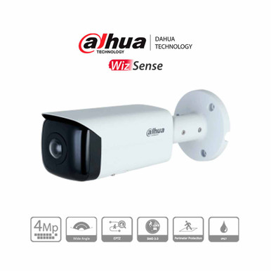 DAHUA IPC-HFW3441T-AS-P Cámara IP bullet panorámica 4 MP, lente 2.1 mm, ángulo 180°, IR 20 m, IA WizSense, detección de movimiento inteligente, protección perimetral, Starlight, PoE, WDR, H.265+, IP67, micrófono, E/S alarma