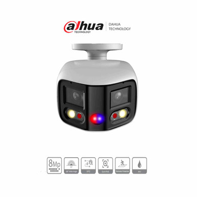 DAHUA IPC-PFW3849S-A180-AS-PV Cámara IP Bullet WizSense 2x4MP con visión de 180°, MultiVision, LED IR 25m y luz cálida 20m. Disuasión activa con micrófono dual y altavoz integrado, EPTZ, SMD 4.0, PoE, IP67.